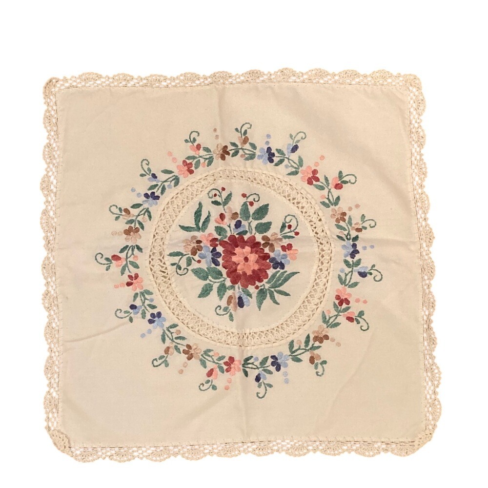 Handcrafted Floral Embroidered Lace Cotton Pillow Cover 16x16" Cottagecore